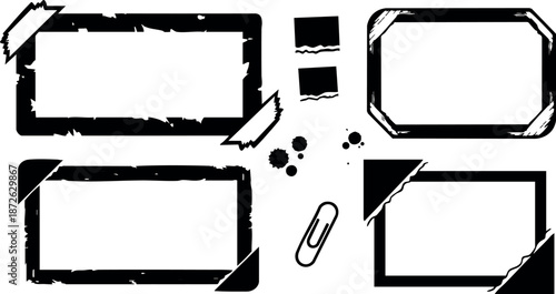 Grunge style rectangular frames with paper clip and ink splatter vector design elements for creative use