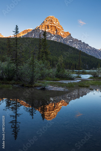 Summer sunrise at Waterfowl Lakes in Banff National Park with Mount Chephren illuminated by golden light and reflected in still alpine water, Canadian Rockies.