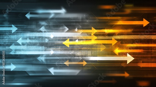Multiple horizontal arrows move rapidly forward, representing progress and speed.