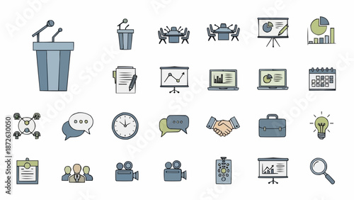 Business meeting and presentation icons set.