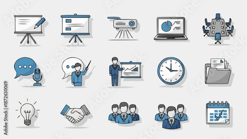 Business meeting and presentation icons set.
