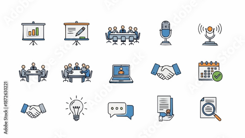 Business meeting icons and symbols for presentations and reports.