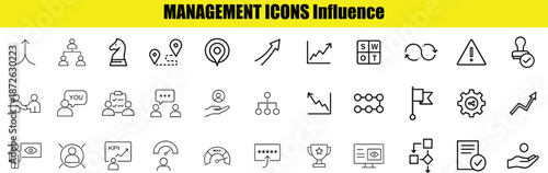 Set of thirty line representing management concepts and business influence strategies