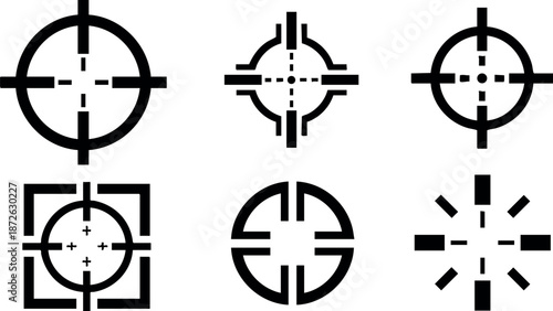 Collection of six target crosshair icons for precision aiming and focus design elements vector illustration