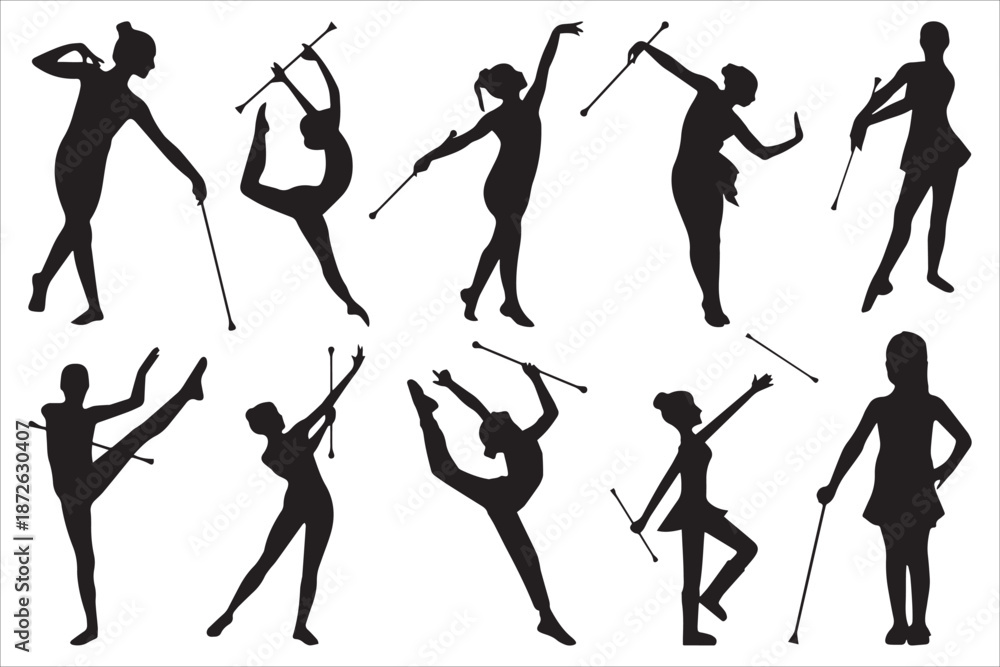 Obraz premium Silhouettes Of Baton Twirlers In Action