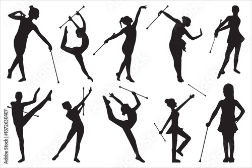Silhouettes Of Baton Twirlers In Action