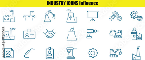 Set of blue line representing various industrial machinery and manufacturing processes on
