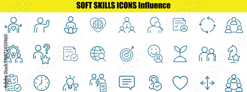 Variety of blue line illustrating soft skills and personal development concepts on white