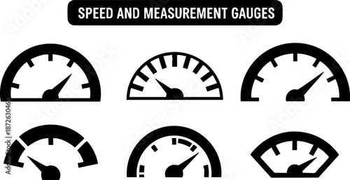 Speed and measurement gauges vector icons showing various dial indicators and speedometers for performance tracking and monitoring