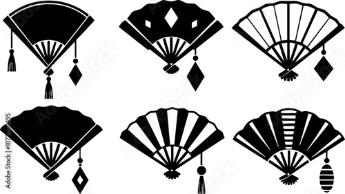 Traditional handheld fans set with black silhouette design elements and decorative tassels vector illustration collection