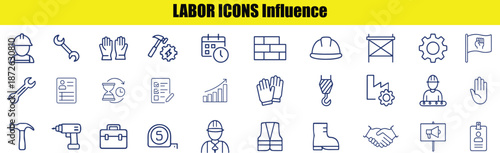 Collection of blue line representing labor and construction tools on white background