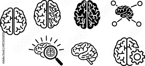 Brain icons set with cognitive functions and mental health concept in black and white style for creative projects