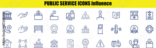Collection of blue line representing various public service and community support concepts