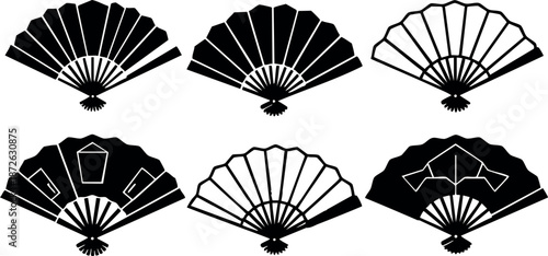 Traditional hand fans vector collection with black and white designs for cultural and decorative use