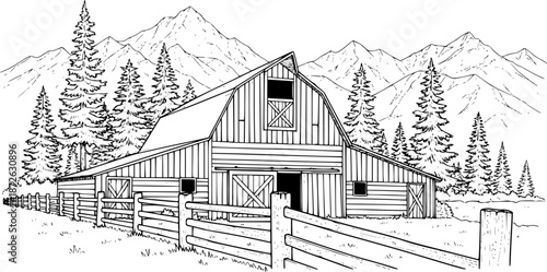 Sketch of rustic barn with wooden fence and pine trees against mountain range. Vector hand drawn illustration