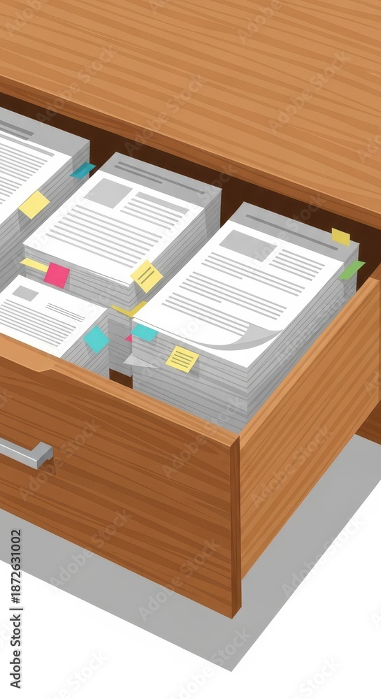 Obraz premium Stacks of organized paperwork fill a partially opened wooden file drawer.