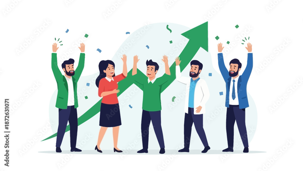 Obraz premium Team celebrating success with upward graph and confetti