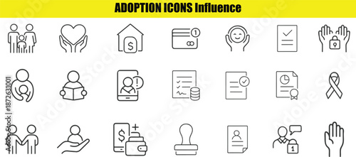Adoption set including family, heart, documents, and financial symbols (94