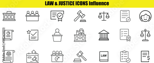Law and justice set including court, judge, gavel, and legal documents