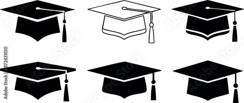 Graduation cap icons set with tassels in simple black silhouette style for education and achievement design elements vector