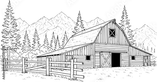 Sketch of rustic barn with wooden fence and pine trees against mountain range. Vector hand drawn illustration