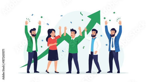 Team celebrating success with upward graph and confetti