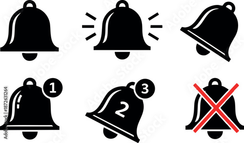 Notification bell icon set with alert badges and muted symbol for user interface design vector illustration