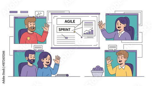 Agile Sprint Meeting: Remote Team Collaboration, Video Conference Call