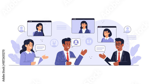 Diverse team collaborating remotely via video conference calls