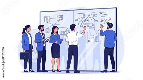 Business Team Collaborates on Strategy Plan at Whiteboard