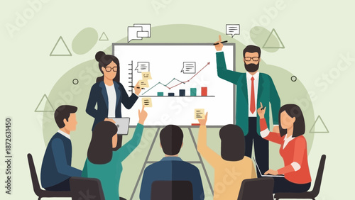 Business Meeting Presentation with Data Analysis and Audience Interaction