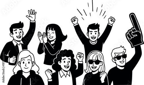Enthusiastic diverse group of people celebrating with raised hands and cheering in black and white vector illustration