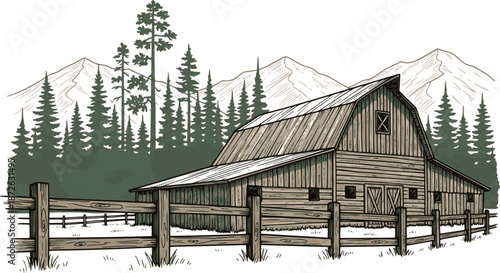 Sketch of rustic barn with wooden fence and pine trees against mountain range. Vector hand drawn illustration