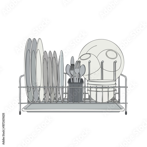 Dish Rack with Clean Dishes and Utensils