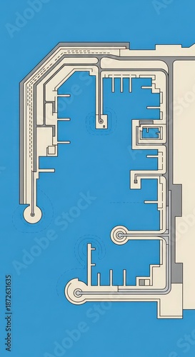 Nautical chart illustrates overhead perspective of an enclosed harbor layout with berthing slips