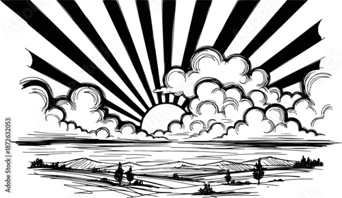 Sunburst through clouds over a sketched landscape on transparent background. Vector hand drawn illustration black colored