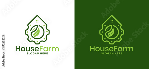 House farm logo with gear house and leaf symbol. Perfect for agriculture, technology, or environment related businesses looking for a modern design.