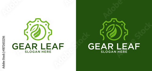 Combination agriculture themed logo with green gear and leaves, suitable for sustainable technology companies branding. Inspiring and impactful design for eco conscious businesses.