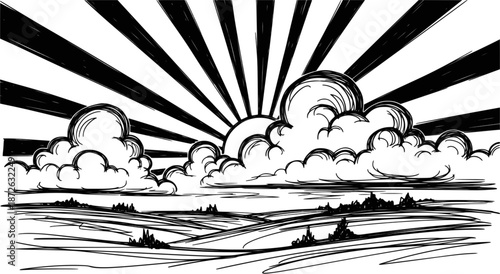 Sunburst through clouds over a sketched landscape on transparent background. Vector hand drawn illustration black colored
