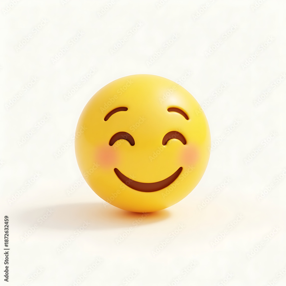 Fototapeta premium 3D Yellow Joyful Emoji with Blushing Cheeks on White Background emoticon smiley