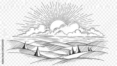 Sunburst through clouds over a sketched landscape on transparent background. Vector hand drawn illustration black colored