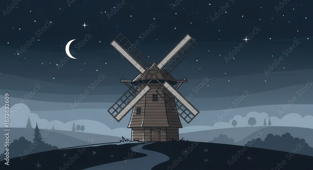 Fototapeta premium Wooden windmill stands on a rolling hill under a dark, starry night sky