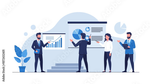 Business meeting with charts, graphs and presentation board