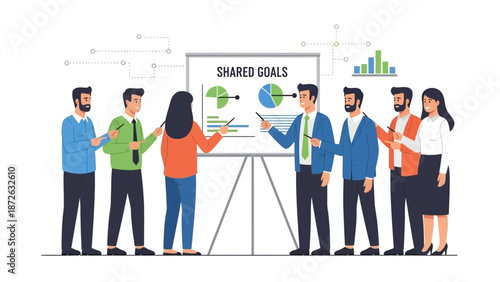 Business Team Collaborating on Shared Goals Presentation with Charts