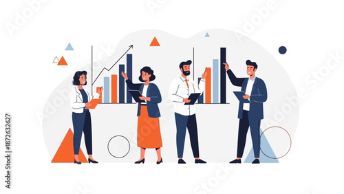 Business Team Analyzing Data Charts and Graphs, Teamwork and Strategy