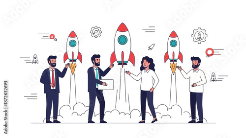 Business Team Launching Rockets, Startup Success, Innovation, Teamwork
