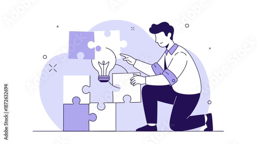 Man assembling puzzle pieces with lightbulb for new idea concept