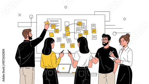 Diverse team collaborates on a project using sticky notes on a whiteboard.