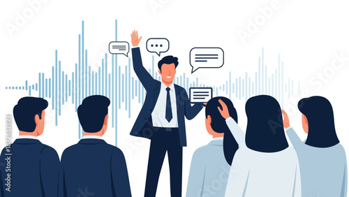 Presentation Speaker Engaging Audience with Speech Bubbles and Audio Wave