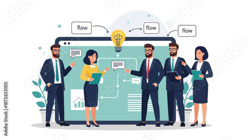 Business Team Brainstorming Workflow Idea on Digital Screen with Flowchart